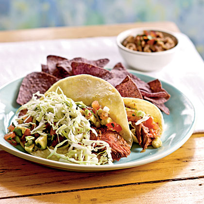 Grilled Flank Steak Soft Tacos with Avocado-Lime Salsa 