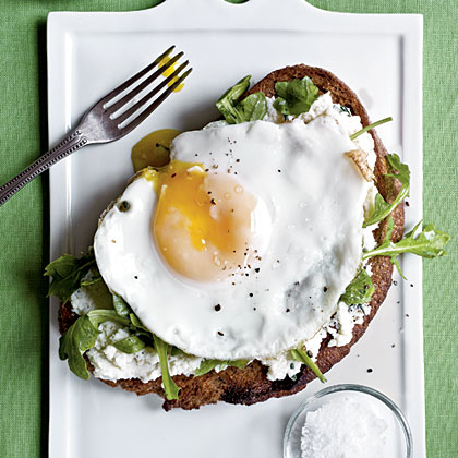 Open-Faced Sandwiches with Ricotta, Arugula, and Fried Egg