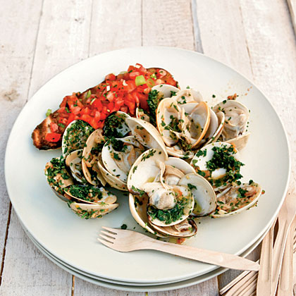 Ginger-and-Herb Pan-Grilled Clams with Tomato Bruschetta 