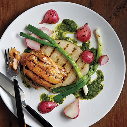 Grilled Jicama, Radishes, Scallions, and Chicken with Asian-Style Chimichurri 