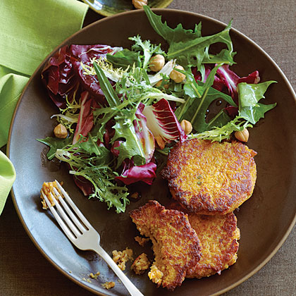 Squash and Chickpea Fritters with Winter Greens and Hazelnut Salad