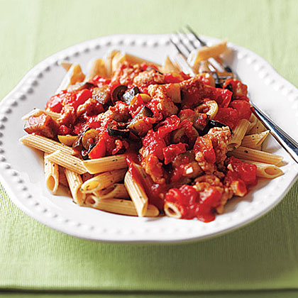 Whole-Wheat Penne with Sausage, Eggplant and Olives 