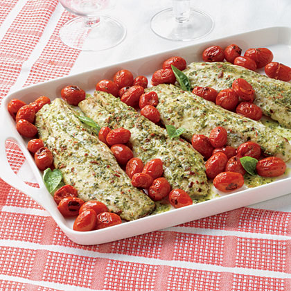 Pesto-Marinated Striped Bass with Warm Tomatoes 