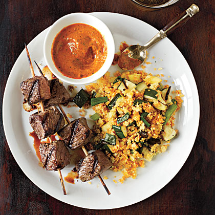 Sirloin Skewers with Grilled Vegetable Couscous and Fiery Pepper Sauce 