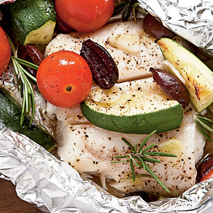 Halibut with Tomatoes, Rosemary, and Zucchini in Foil Packets