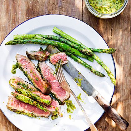 Rib-Eye Steaks with Pistachio Butter and Asparagus