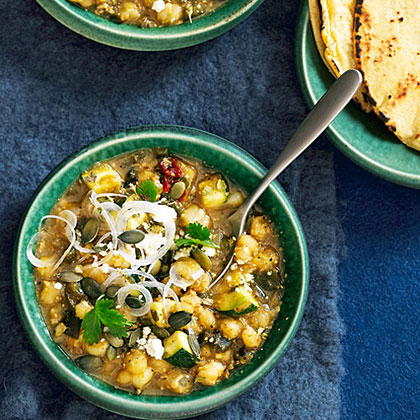 Creamy Pumpkin Seed and Green Chile Posole 