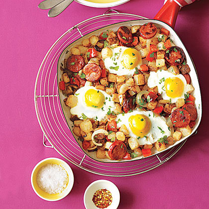Potato, Pepper and Chorizo Hash with Fried Eggs 