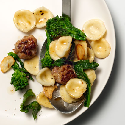 Orecchiette With Sausage Meatballs, Broccoli Rabe, and Garlic 