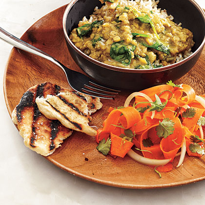 Red Lentil Dal with Carrot Salad and Coriander Flatbreads