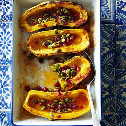 Roasted Delicata Squash with Honey, Pomegranate Seeds, and Pepitas 