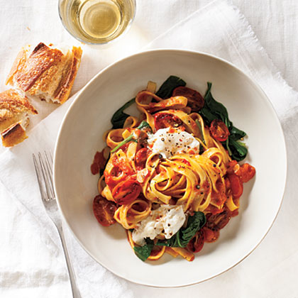 Fettuccine with Seared Tomatoes, Spinach, and Burrata 