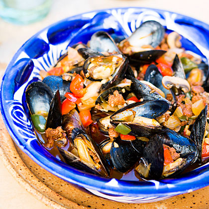 Mexican Mussels with Sausage, Mushrooms, and Chiles 