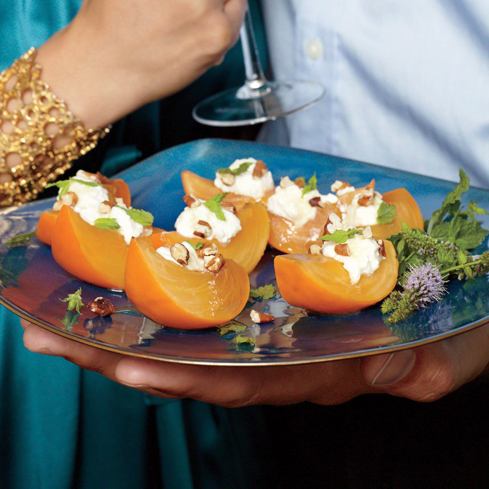 Crisp Persimmon with Ricotta, Honey, Pecans, and Mint