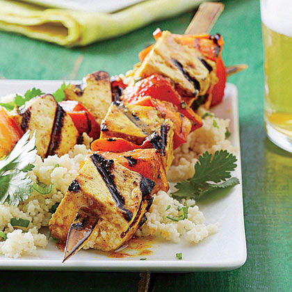 Curry Tofu-and-Bell Pepper Skewers with Sticky Coconut Couscous 