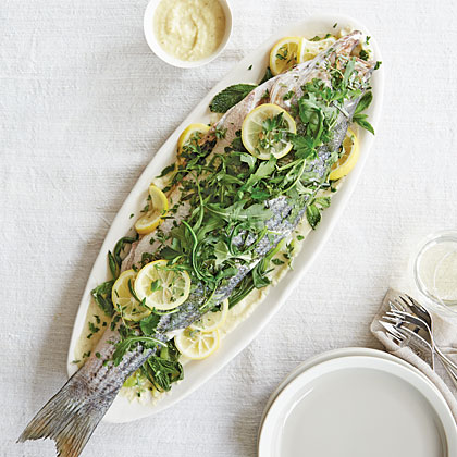 Herb-Steamed Whole Striped Bass With Fennel and Sweet Onion Soubise