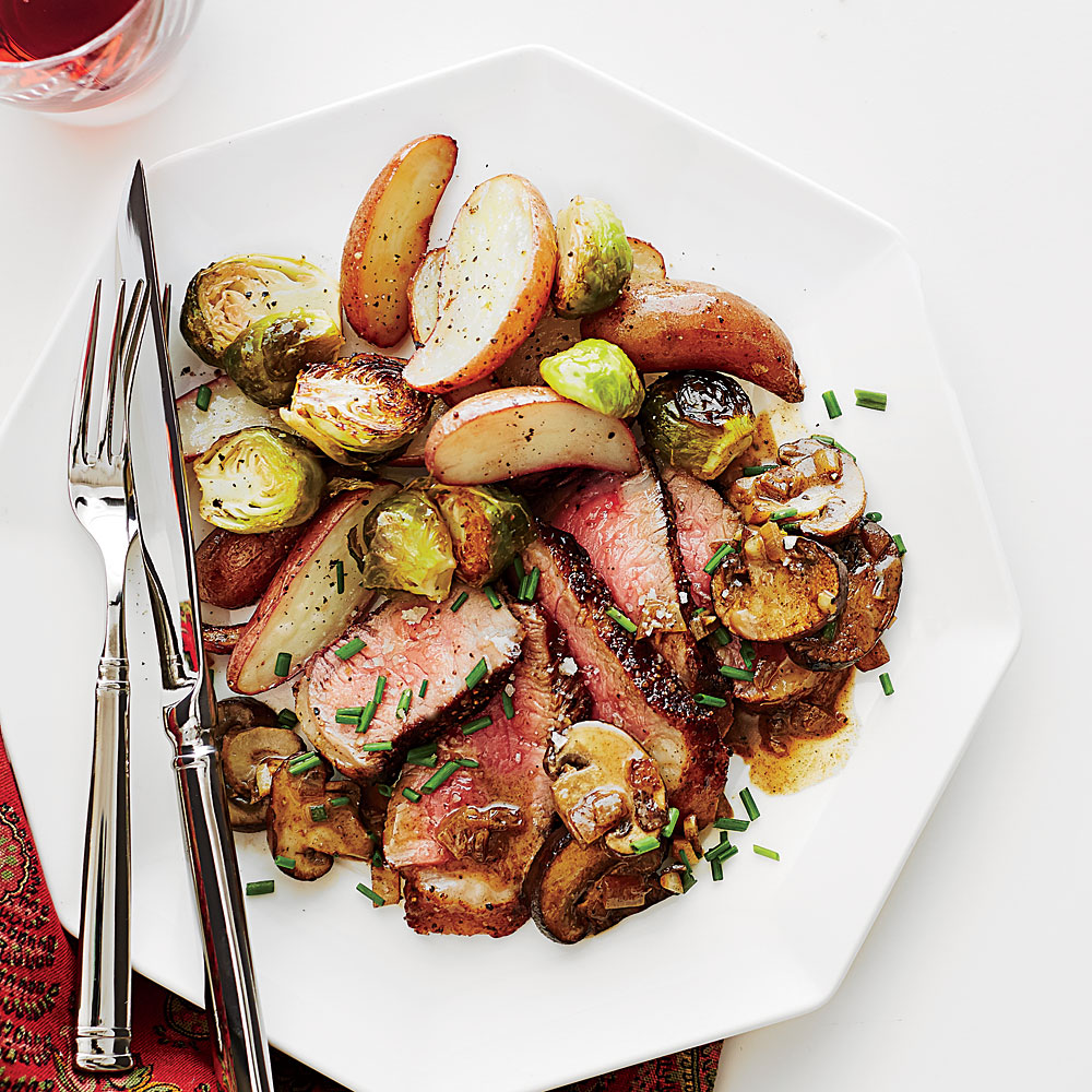 Steak Diane with Crispy Garlic Potatoes and Brussels Sprouts 