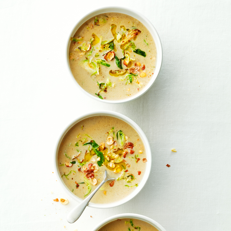 Sunchoke Soup with Brussels Sprouts and Hazelnuts 