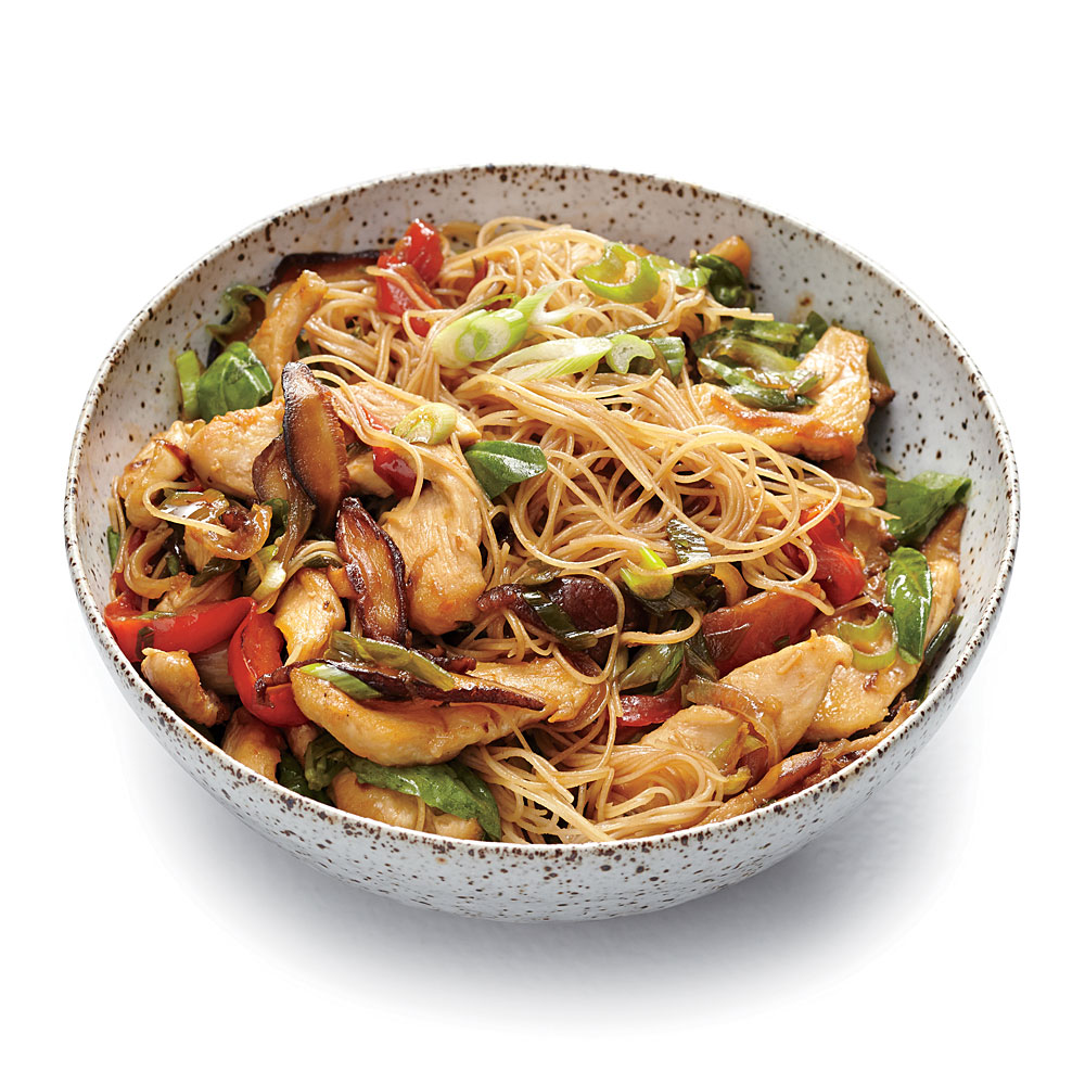 Chicken and Rice Noodle Stir-Fry with Ginger and Basil