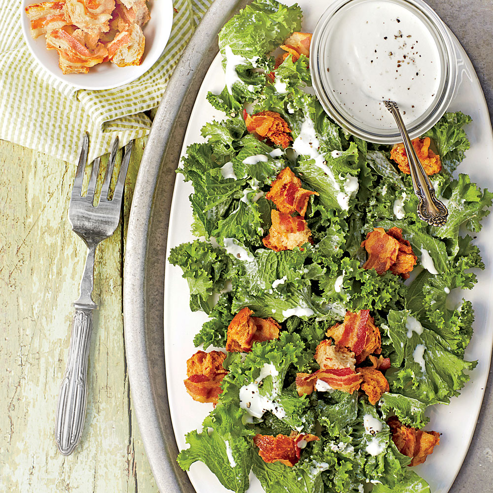 Mustard Greens with Yogurt-Parmesan Dressing and Bacon Croutons 