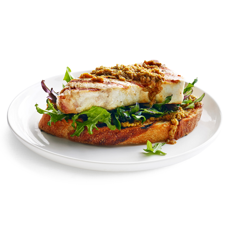 Grilled Swordfish Toasts with Lemon-Olive Tapenade