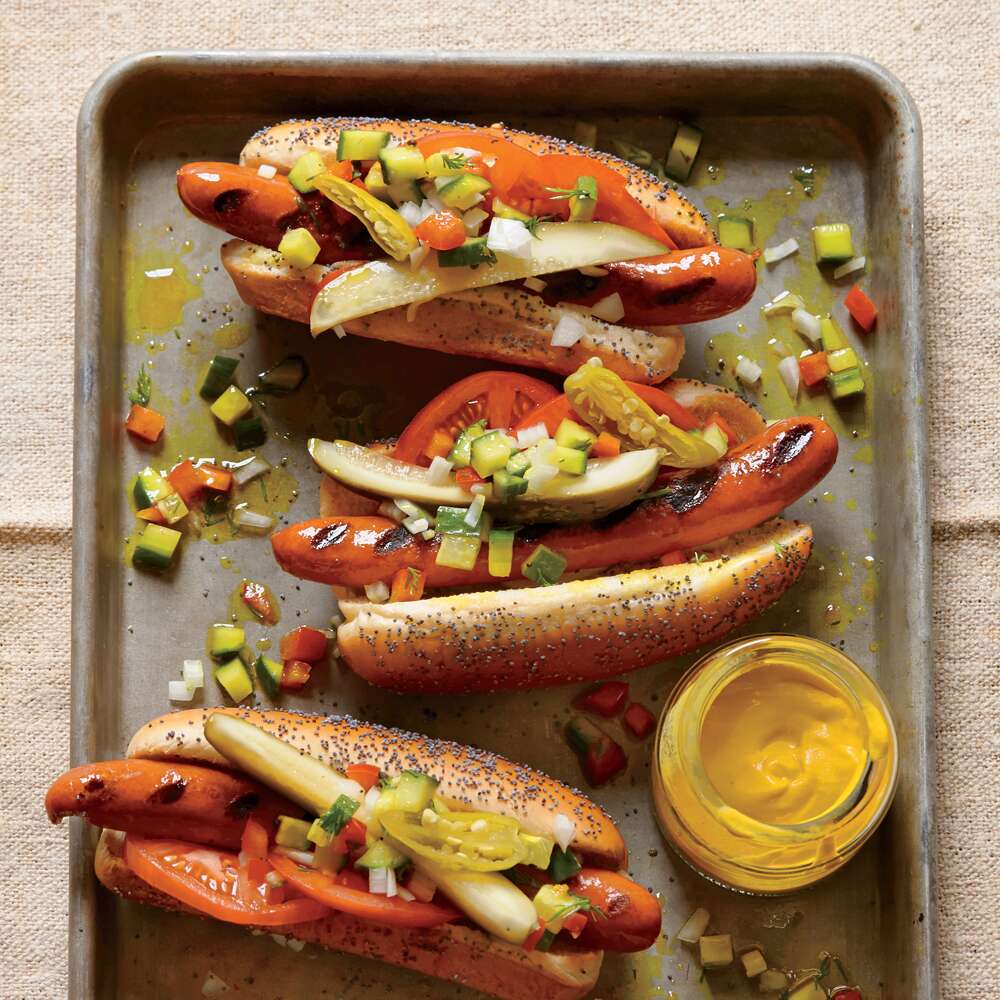 Hot Dogs with Cucumber-Mango Slaw and Homemade Srirachup