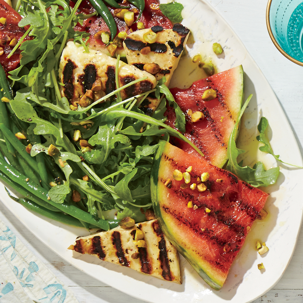 Grilled Watermelon and Halloumi Salad with Minty Green Beans