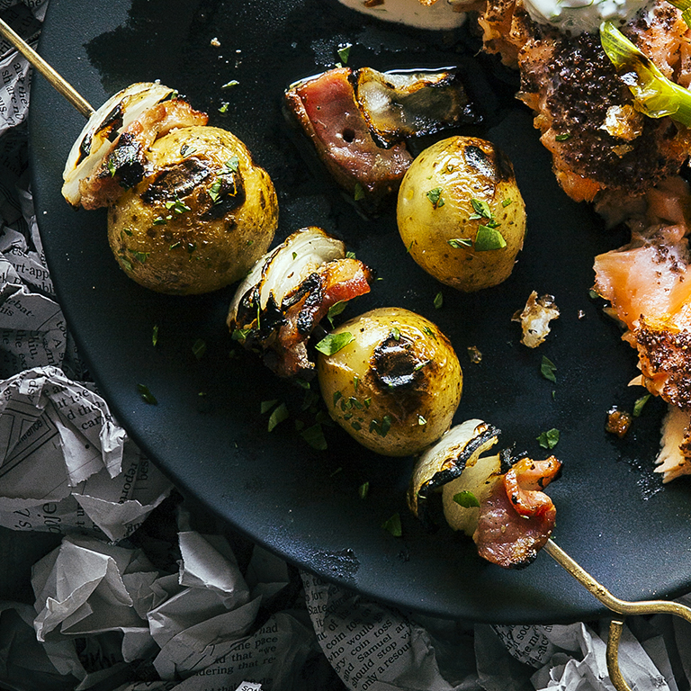 Grilled Potato, Onion, and Bacon Skewers