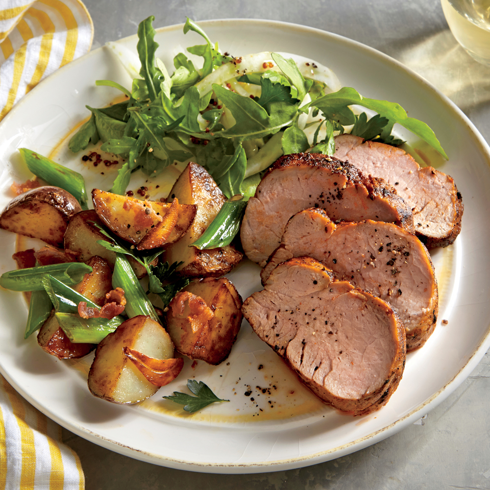 Spiced Pork Tenderloin with Roasted Potatoes and Green Onions