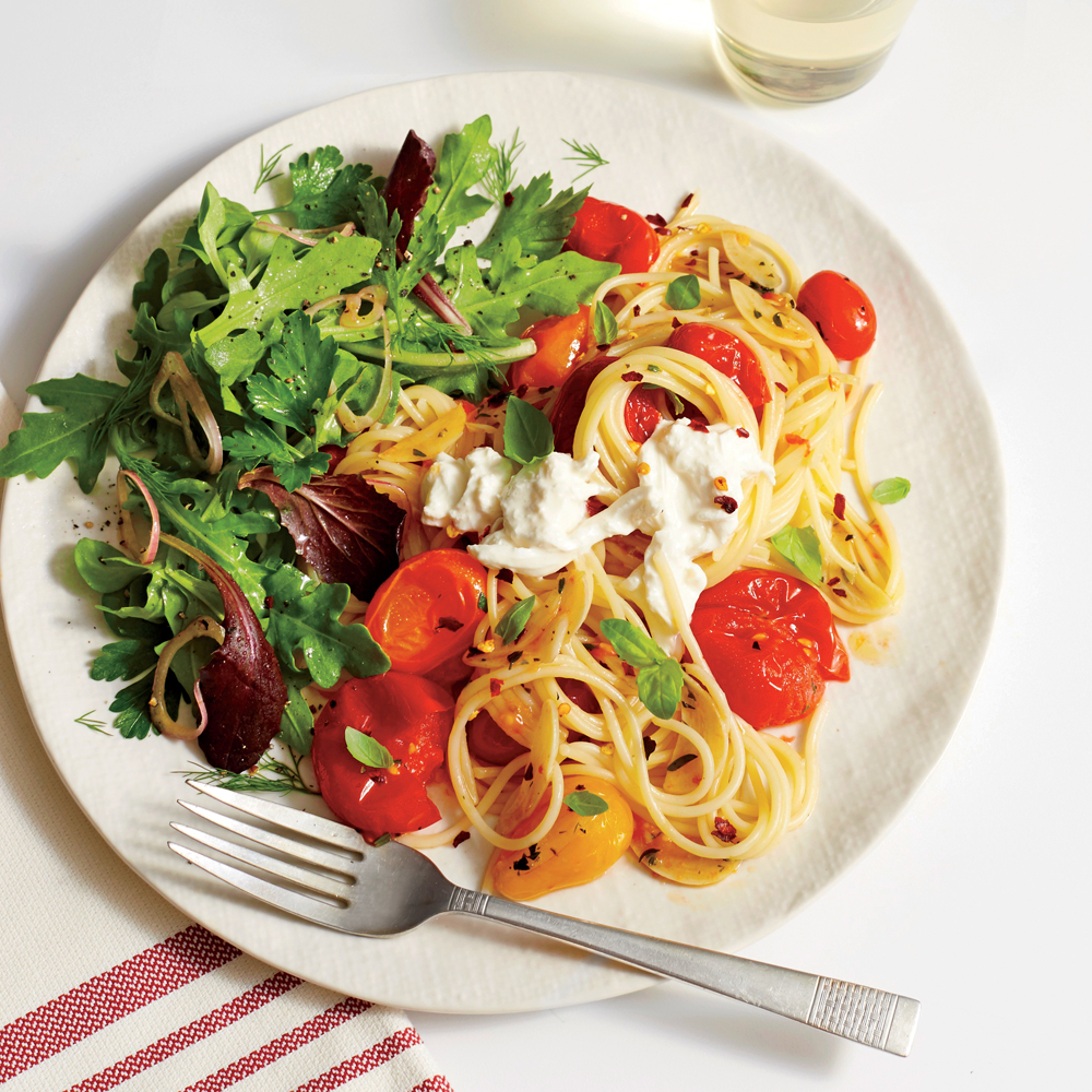 Spaghetti with Wilted Tomatoes and Burrata