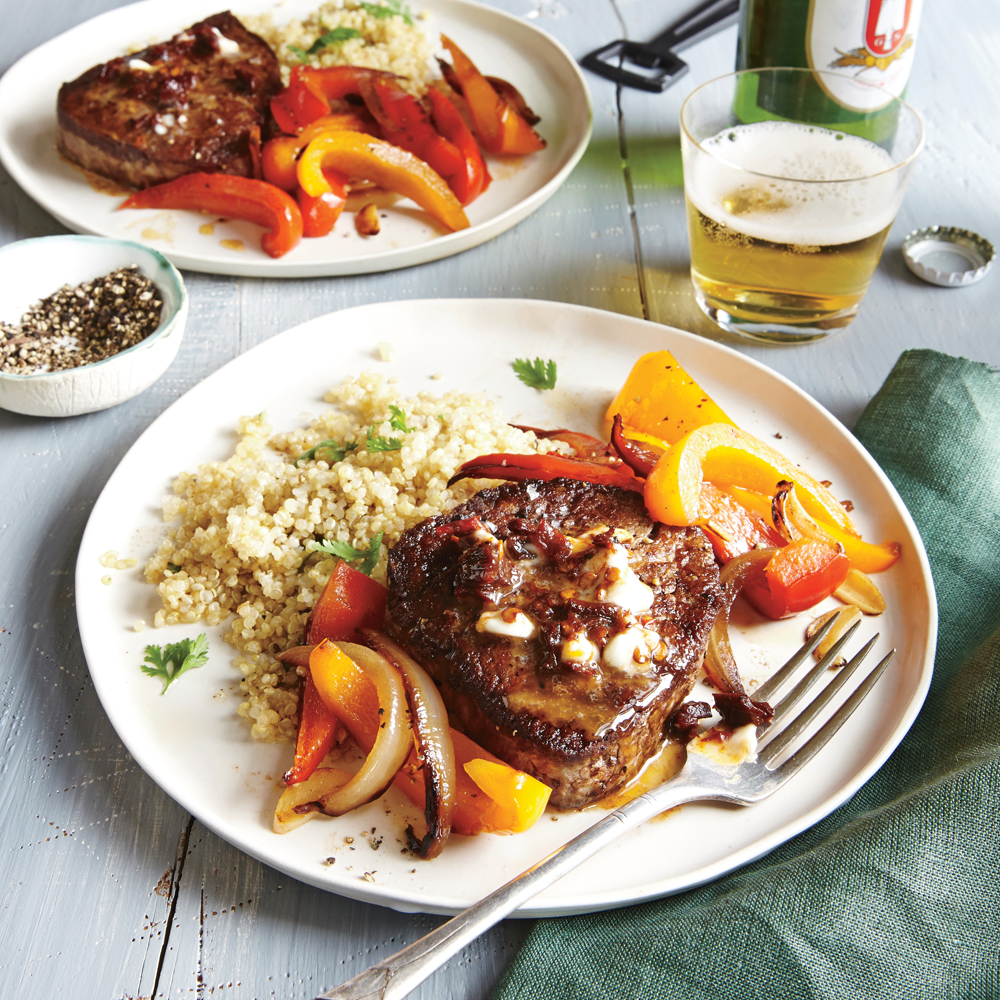 Beef Tenderloin Steaks with Chipotle Butter and Bell Pepper Saut&eacute; 