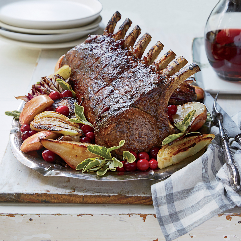Cranberry-Balsamic Glazed Pork Rack with Fennel, Apples, and Pears