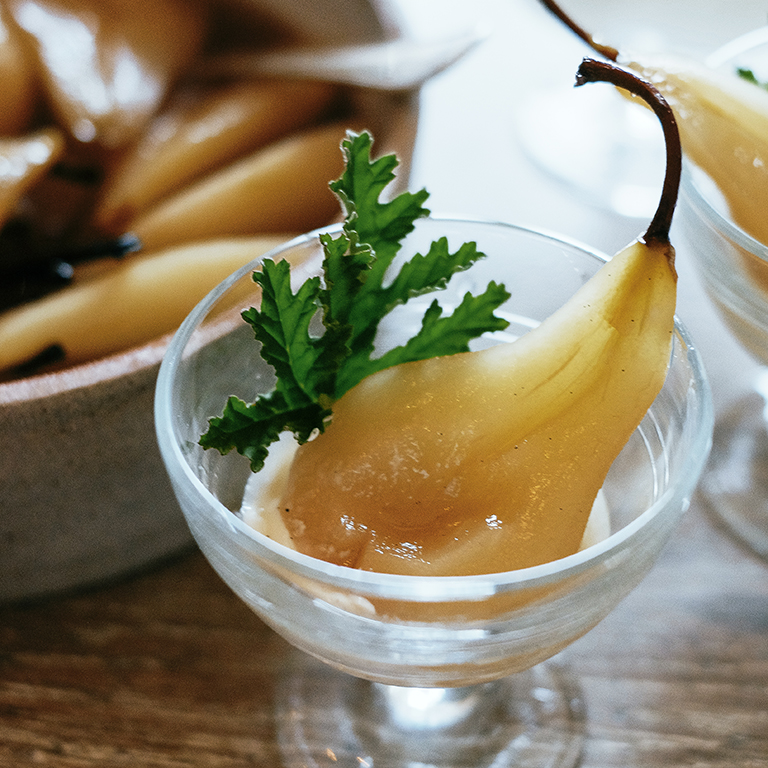 Poached Pears in Muscat Wine