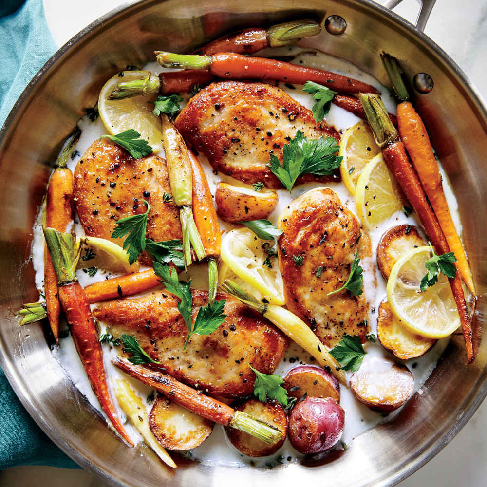 Skillet Chicken with Roasted Potatoes and Carrots, chicken recipe, recipes for chicken