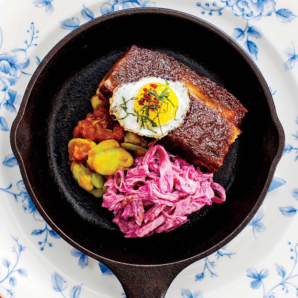 Jerk Pork Belly with Quail Egg and Stewed Fava Beans