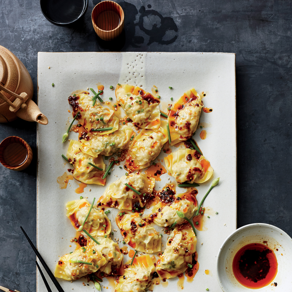Pork and Chive Dumplings with Red Chili Oil