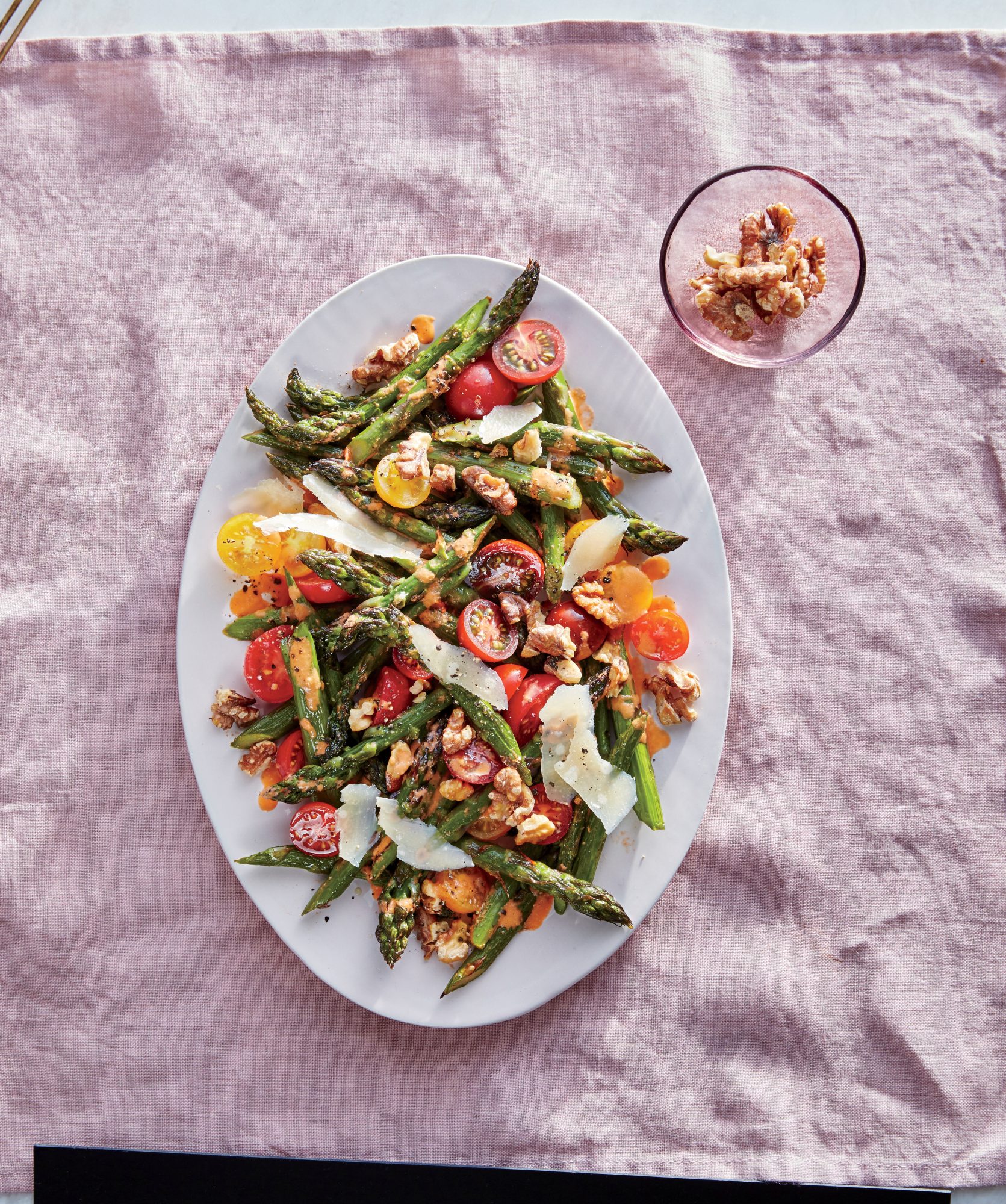 Roasted Asparagus with Walnuts, Parmesan, and Cherry Tomatoes