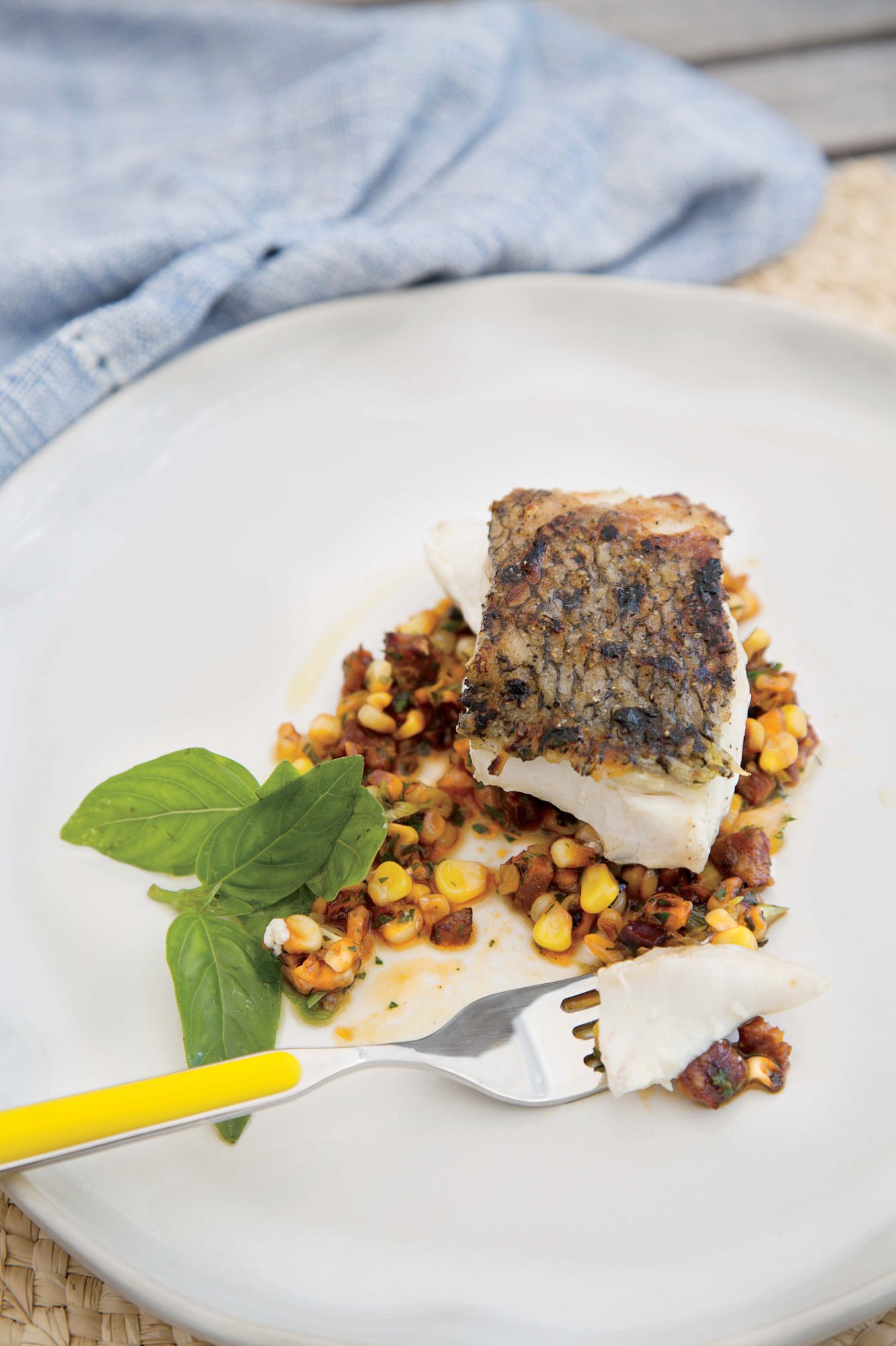 Grilled Striped Bass with Corn-and-Chorizo Salad and Herb Vinaigrette image