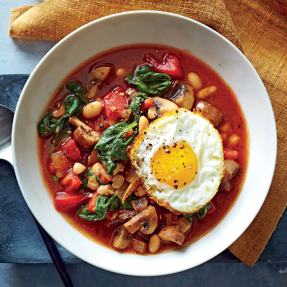 White Bean and Vegetable Bowls with Frizzled Eggs 