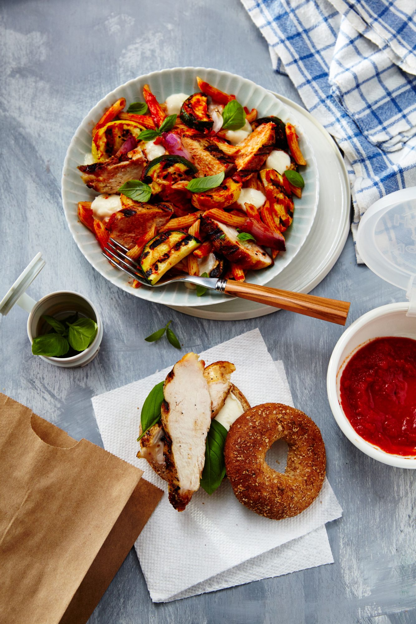 Caprese Chicken and Vegetables Penne/Grilled Chicken Pizza Bagel Stacks image