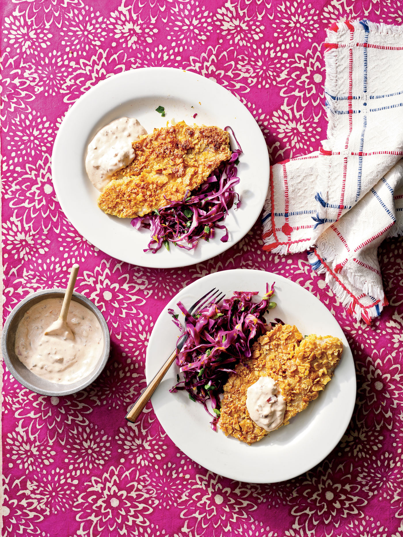 Tortilla-Crusted Tilapia with Citrus Slaw and Chipotle Tartar Sauce