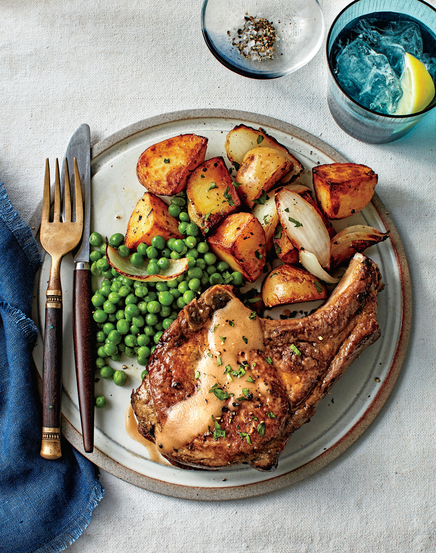Fried Pork Chops with Peas and Potatoes image