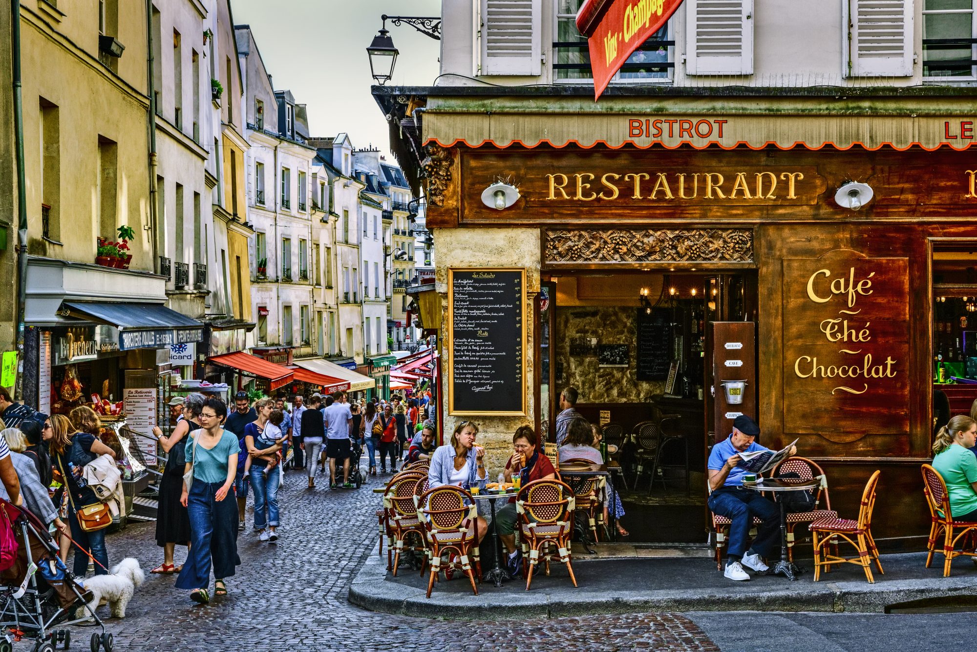 Shops and Bistrots in Mouffetard Street, Paris, France