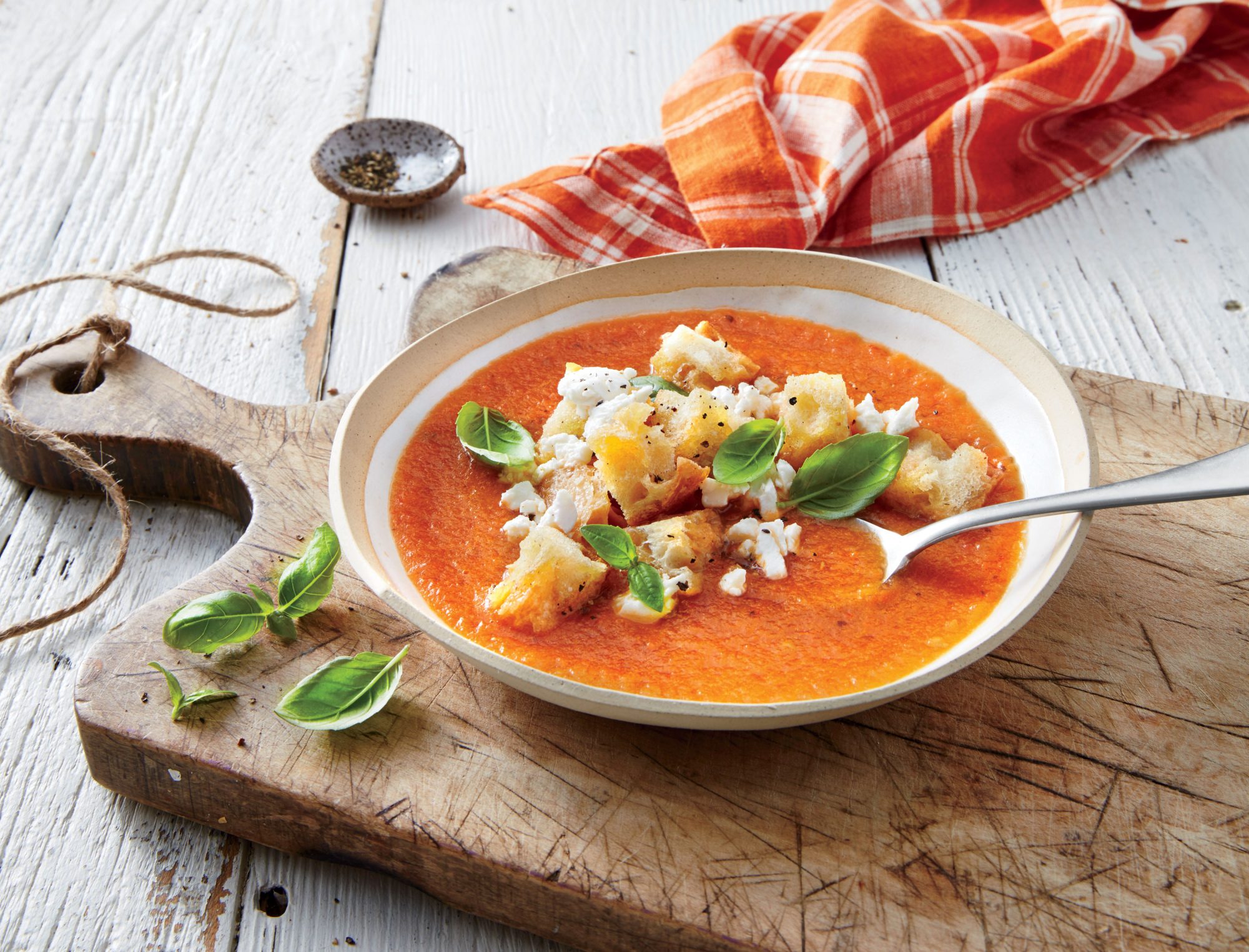 Roasted Tomato-Eggplant Soup with Garlic Croutons
