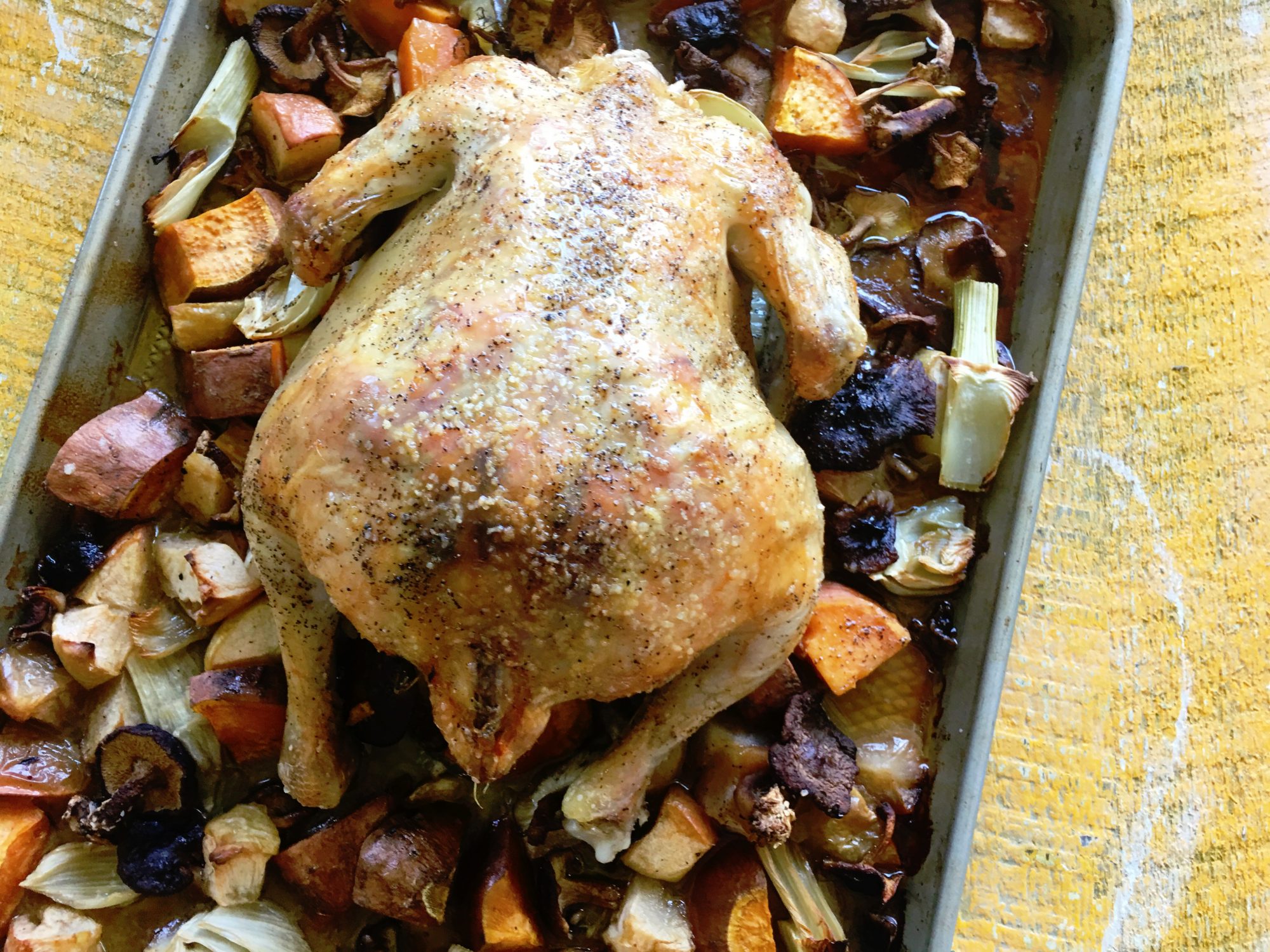 Whole Roasted Chicken with Sweet Potatoes, Fennel, and Apple