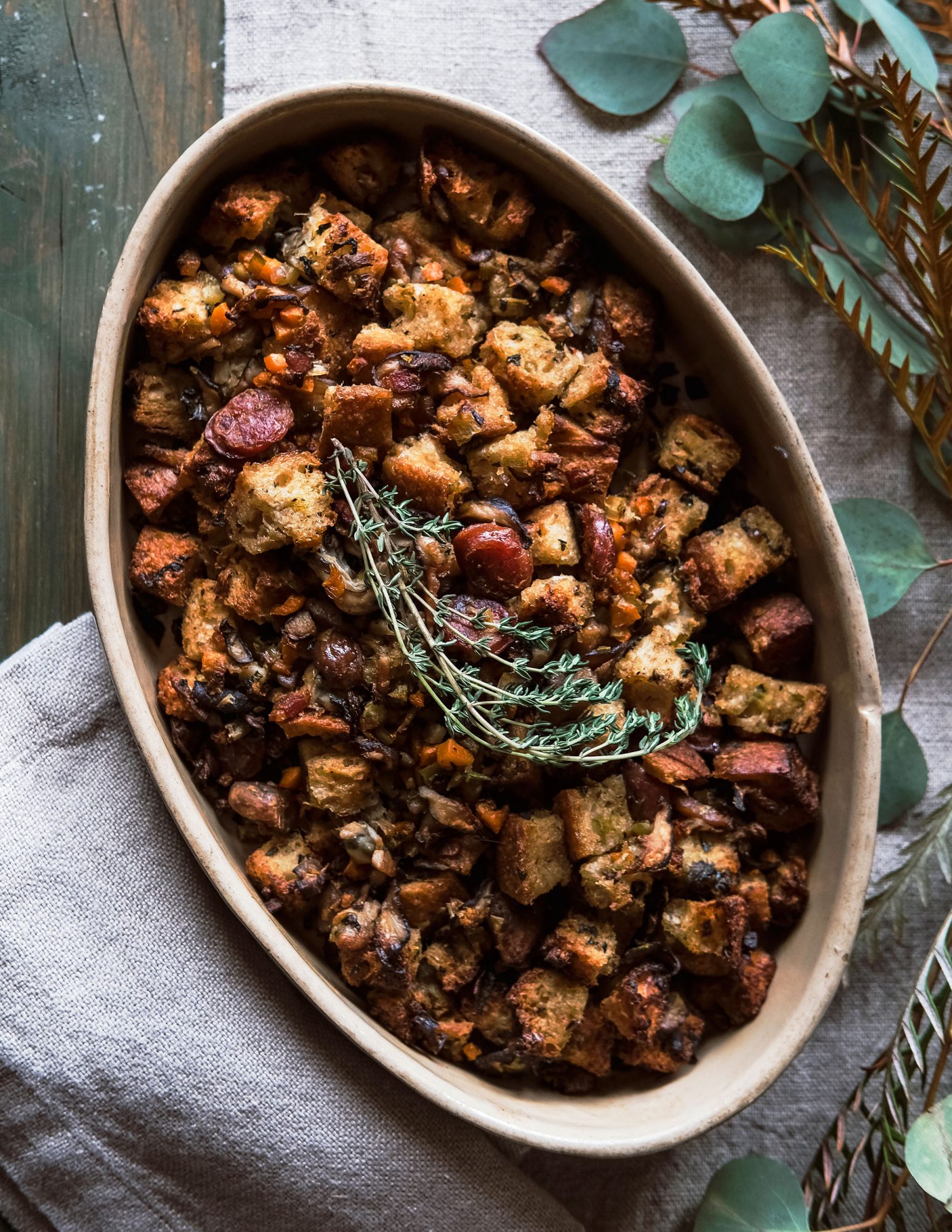 Oyster Stuffing with Chestnuts and Chinese Sausage 