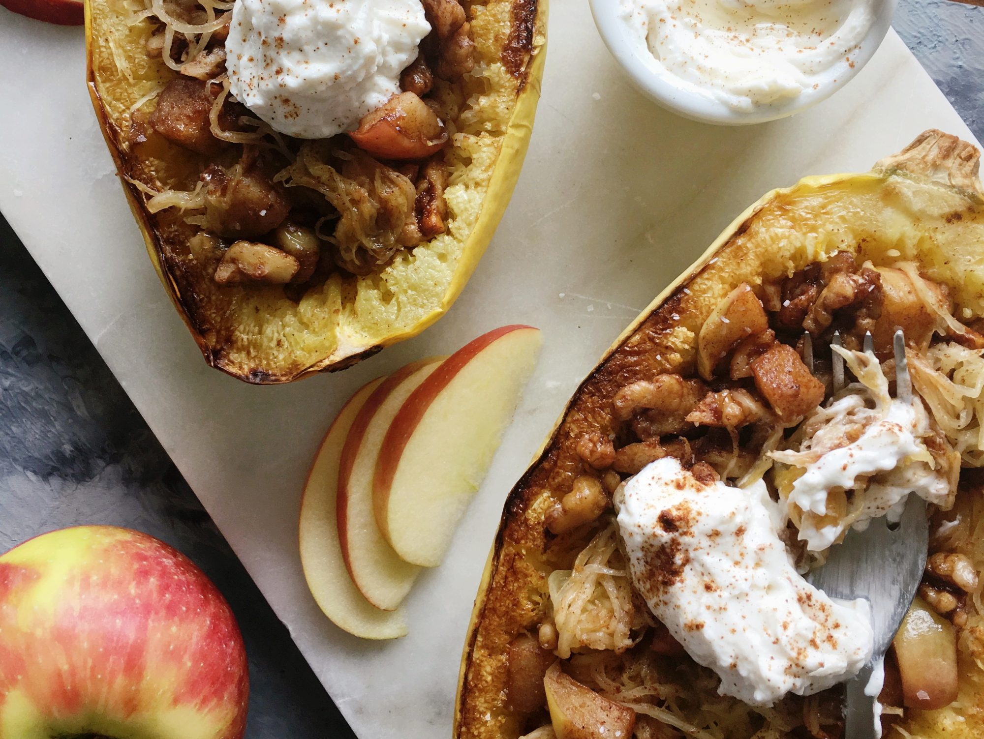 Dessert Spaghetti Squash with Apples, Walnuts, and Cinnamon Goat Cheese