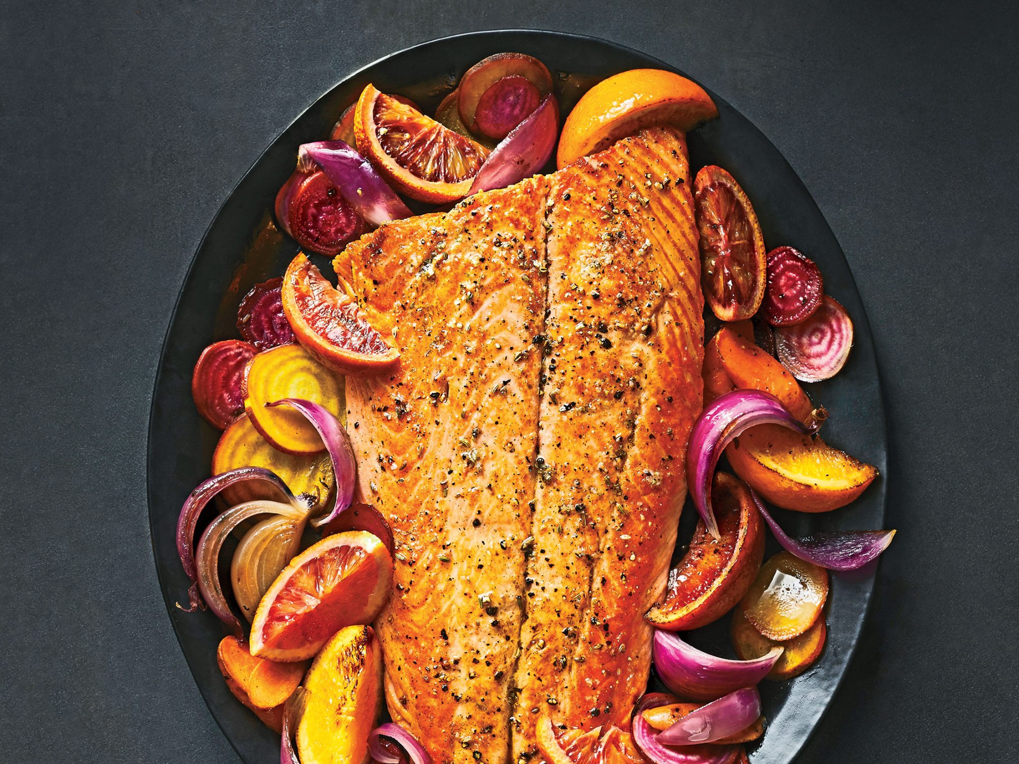 Roasted Salmon with Oranges, Beets, and Carrots