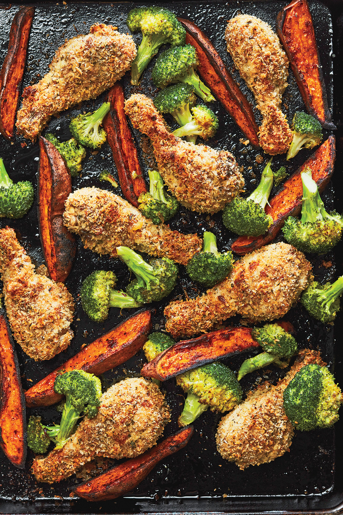 Sheet Pan Parmesan "Fried" Chicken with Broccoli and Sweet Potato Wedges