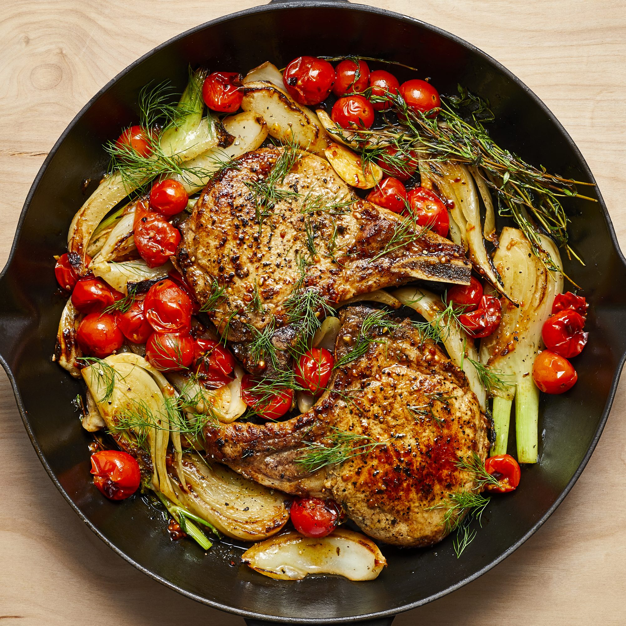 Pan-Seared Pork Chops with Roasted Fennel and Tomatoes